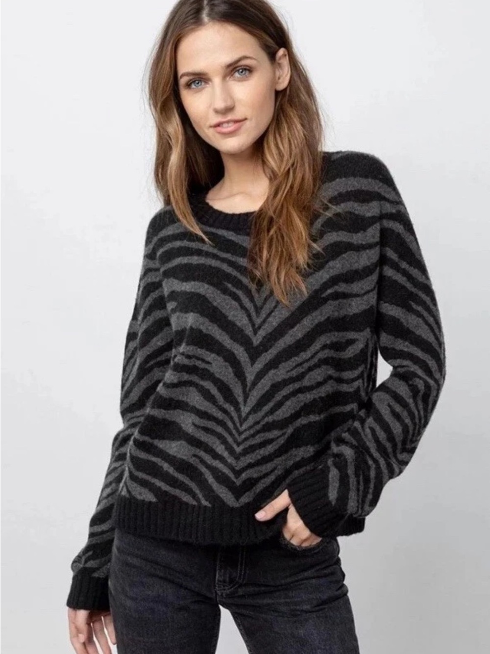 Rails Cashmere Zebra Stripe Animal Print Charcoal Gray Chance Sweater M